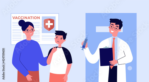 Doctor vaccinating patients in clinic. Syringe, disease, therapist flat vector illustration. Vaccination and healthcare concept for banner, website design or landing web page