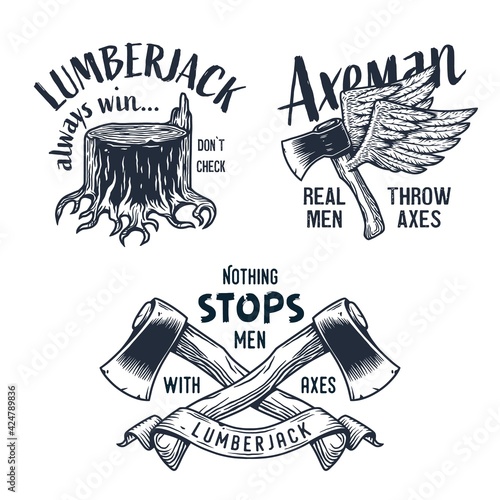 Set of logo, emblem with axe and stump of lumberjack and axeman. Hatchet or ax for woodworker and logger. t-shirt print design