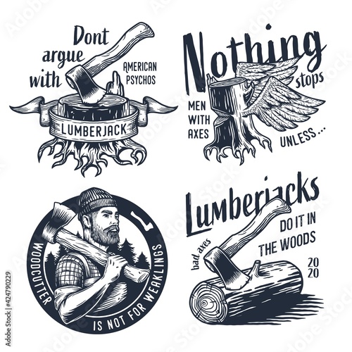 Lumberjack or logger with axe, ax of carpenter. Set of prints for woodworker. Monochrome axeman emblem