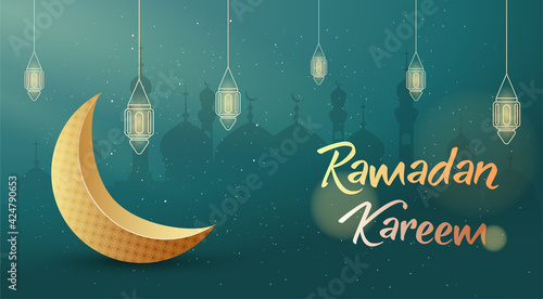 Ramadan Kareem Islamic design crescent moon with Arabic pattern and lantern Vector cover
