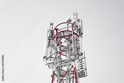 top of the communication tower with transmitters of modern networks, creation of mobile and internet signals, new technologies introduced into practice