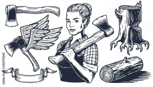 Lumberjack woman with axe of carpenter. Set of elements for woodworker and logger. Monochrome axeman for emblem prints