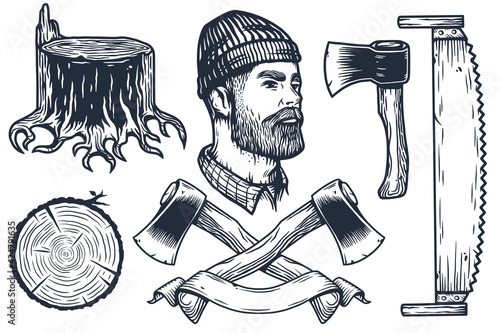 Lumberjack or logger with axe, ax of carpenter. Set of elements for woodworker. Monochrome axeman
