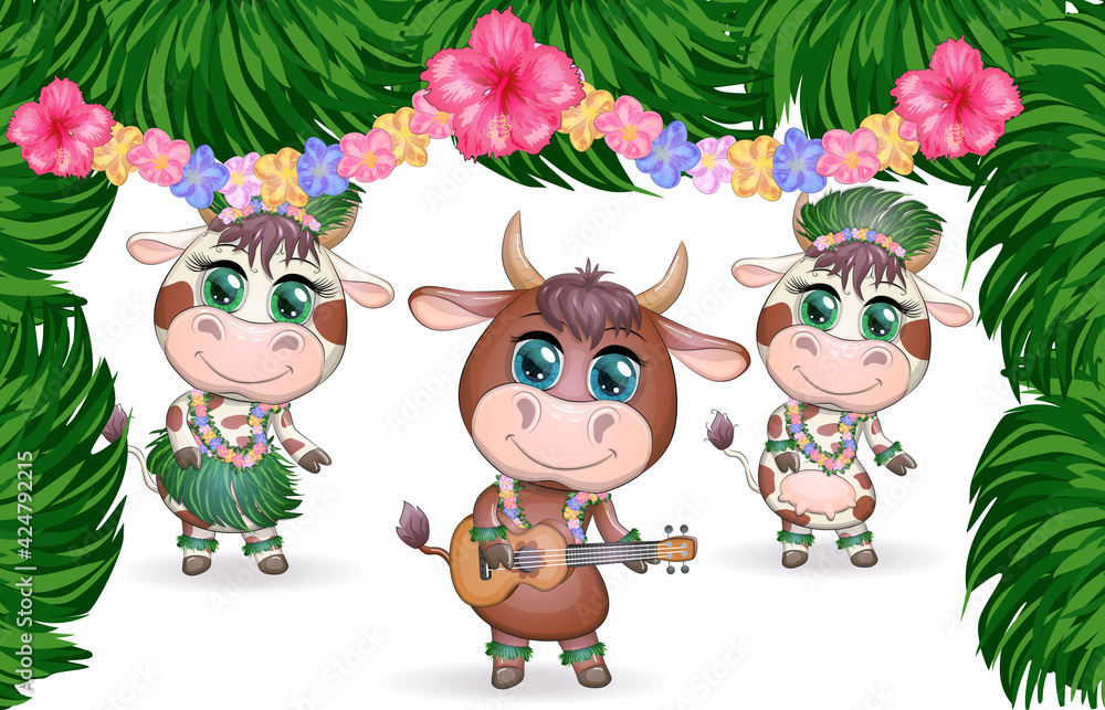 Naklejka premium Tropical new year 2021, celebration. Group of cows and bulls as hula dancers with acoustic ukulele guitars, Hawaii
