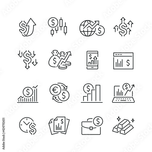 Finance related icons: thin vector icon set, black and white kit