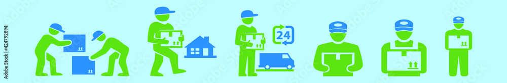 set of delivery man cartoon icon design template with various models. vector illustration isolated on blue background