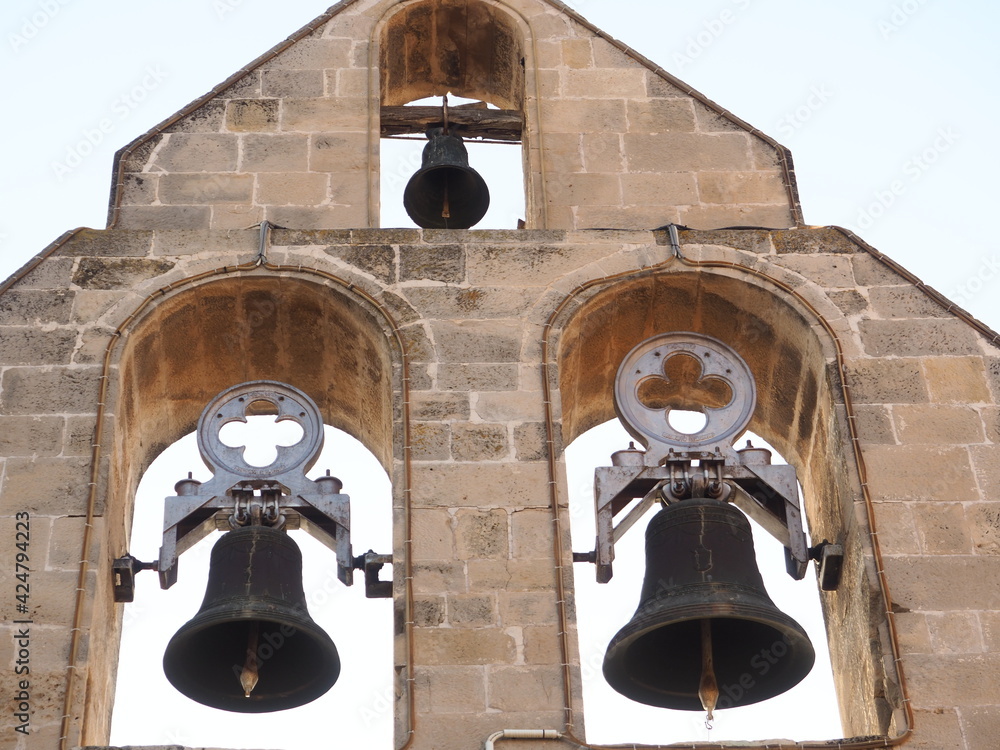 campanario con tres campanas, fondarella, lerida, españa