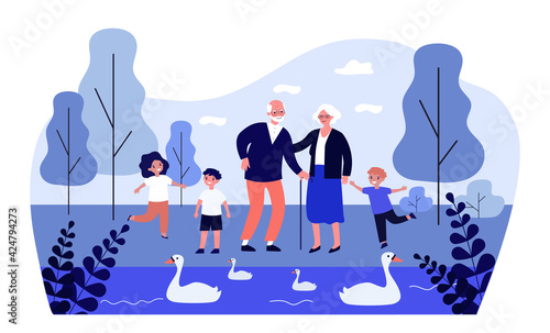 Happy grandparents and kids walking in park together. Lake, swan, grandchild flat vector illustration. Family and outdoor activity concept for banner, website design or landing web page