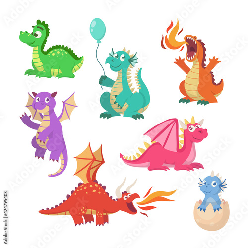 Cartoon fairytale dragons vector illustrations set. Collection of cute flying dragons  dinosaurs  fire breathing monsters with wings isolated on white background. Fairytale for kids  magical concept
