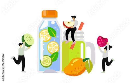 Healthy lifestyle concept people collect vegetables and fruits for juice, fruit water and smoothies. Creative drink