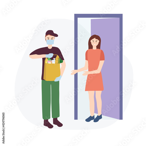 The concept of safe home delivery. Courier holds a bag of food, hands the customer fast food. Man in a mask and glove, protection from viruses. Online grocery store. Flat vector illustration