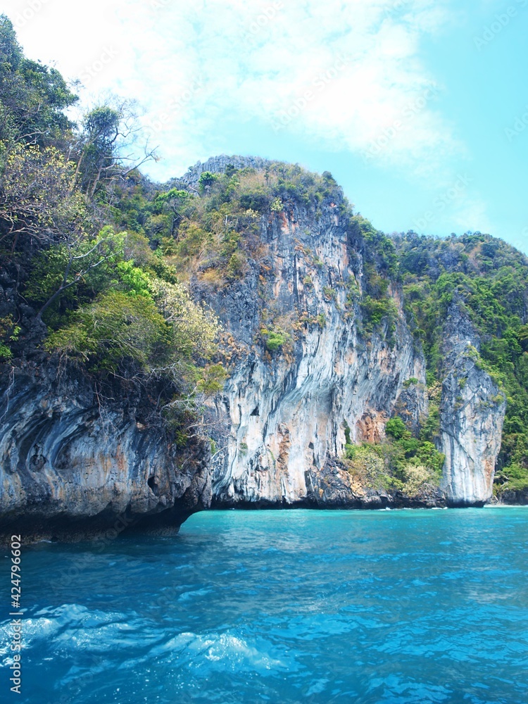 Beautiful nature of Thailand. Tourist attractions of Andaman sea. Rocky steep cliff with thickets of bushes and green trees. Turquoise transparent water. Vertical frame, picture for adv tour tourism.