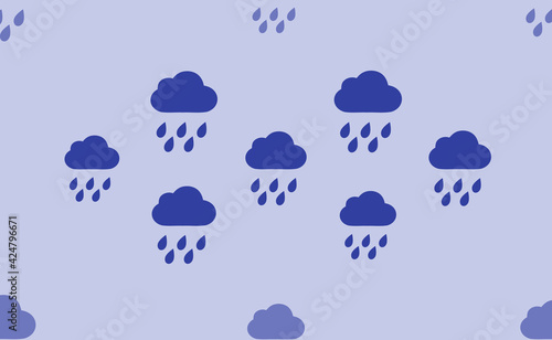 Seamless pattern of large isolated blue rain symbols. The pattern is divided by a line of elements of lighter tones. Vector illustration on light blue background