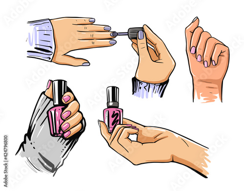 Woman hands doing manicure with pink nail polish. 