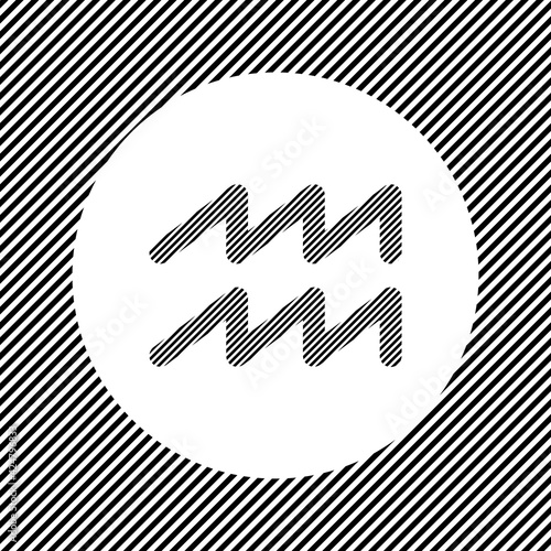 A large zodiac aquarius symbol in the center as a hatch of black lines on a white circle. Interlaced effect. Seamless pattern with striped black and white diagonal slanted lines