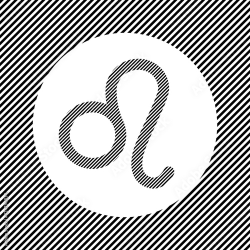 A large zodiac leo symbol in the center as a hatch of black lines on a white circle. Interlaced effect. Seamless pattern with striped black and white diagonal slanted lines