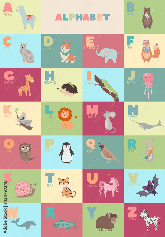 English alphabet with cute cartoon animals for kids education. Letter with a funny animal. English alphabet with cute cartoon animals for kids education. Letter with a funny animal.