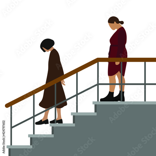 Two female characters with their heads bowed down the stairs