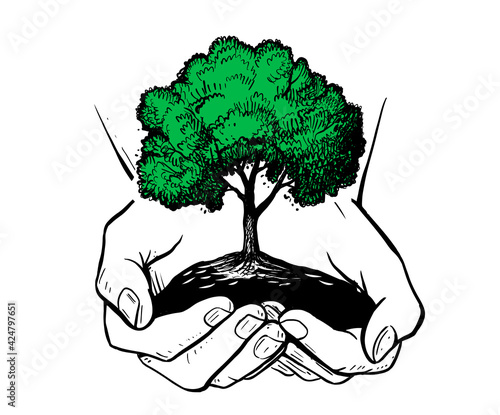Hands holding tree. Ecologic safe sign concept. Sketch eco plant