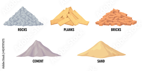 Different building materials vector illustrations set. Piles of construction materials, rocks, planks, bricks, cement, sand on white background. Building, construction material, industrial concept