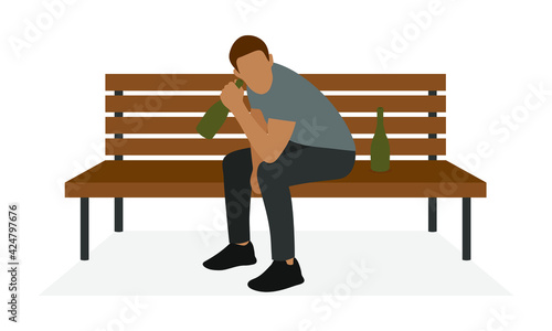 Male character with bottles sitting on wooden bench on white background