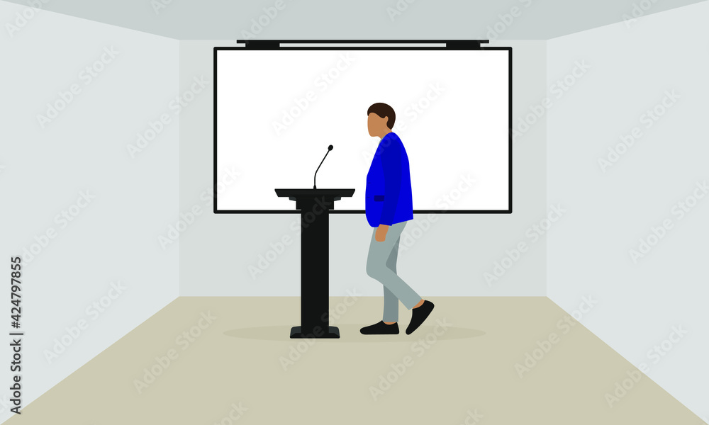 Male character in a jacket stands in front of a microphone in a room with a screen on the wall Male character in a jacket stands in front of a microphone in a room with a screen on the wall