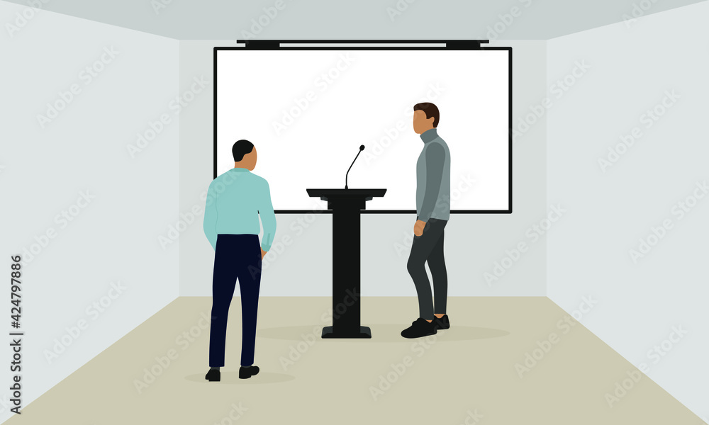 Fototapeta premium Two male characters stand at the microphone in a room with a screen on the wall
