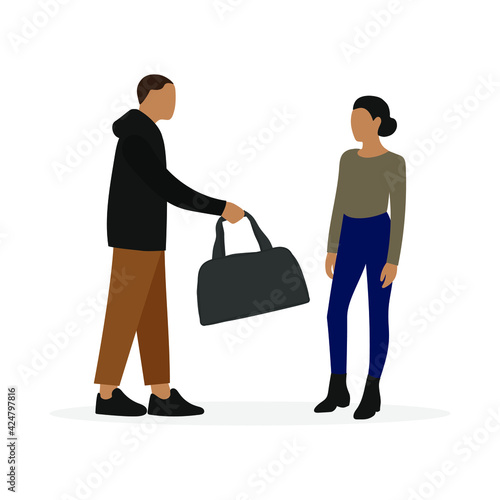 Male character giving sports bag to female character isolated on white background