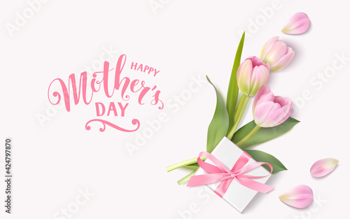 Happy Mothers Day design template. Calligraphic lettering text with decorative gift box and pink tulip flowers. Vector illustration	