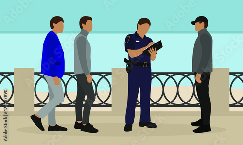 A police officer in uniform writing on a sheet of paper and three male characters are standing on the embankment