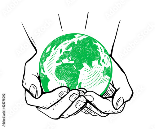 Ecology concept. Earth day. World globe in hands. 