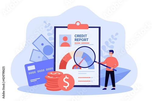 Male businessman with money and credit report. Bank finance document and money concept.Flat vector colorful illustration of bank account report, credit score for presentation or web page