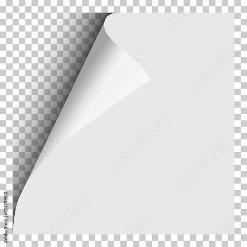 Sheet of white paper with curled corner and soft shadow placed on transparent background. Element with space for text, ad and other aims. Template paper design. Vector illustration.