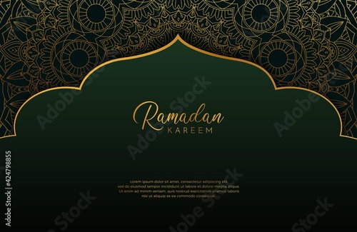 Luxury black gold background banner with islamic arabesque mandala ornament on dark green