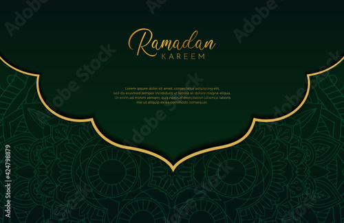 Luxury black gold background banner with islamic arabesque mandala ornament on dark green