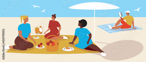 People having picnic together, flat vector stock illustration with friends and hobbies during dinner or lunch as a concept of multicultural society