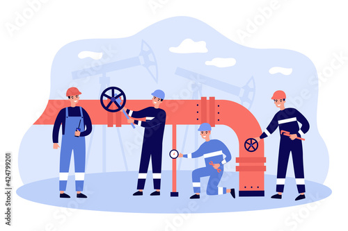 Cartoon workers characters with pipeline transporting oil or gas. Flat vector illustration. Men in uniform controlling pipe execution, preventing from leaks, erosion. Oil industry, engineering concept