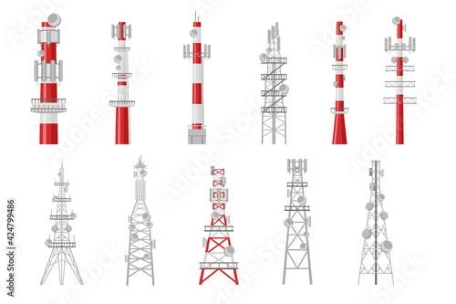 Set of cartoon radio towers vector illustration. Broadcast equipment representing telecommunication masts and wireless stations transmitting satellite signal. Communication, global technology concept