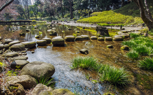 Amazing stones footpass througn the ponfd in Koishikawa Korakuen garden in Tokio