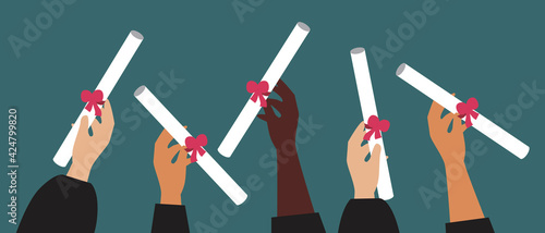 Hands with diploma isolated, flat vector stock illustration with graduates happy with diploma at graduation