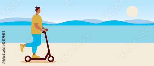Man on electric scooter, flat vector stock illustration with e-scooter for travel, driver rides along the sea