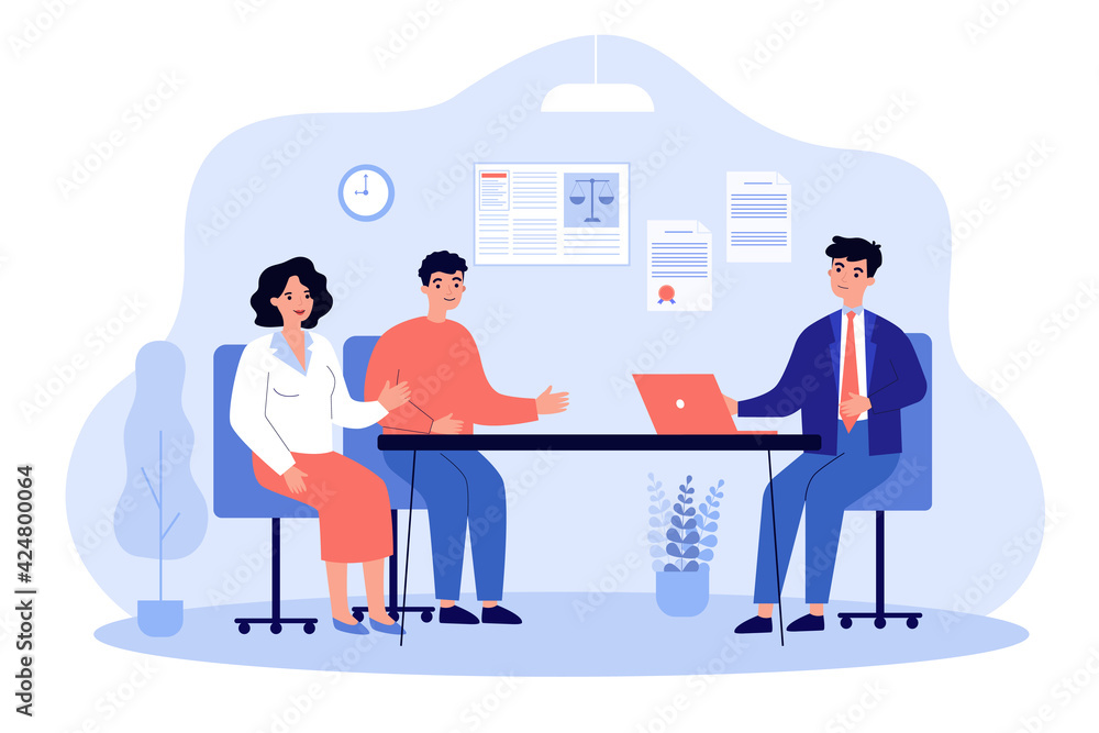 Lawyer talking to clients. Legal worker giving advice to couple, financial consultation flat vector illustration. Communication, legislation concept for banner, website design or landing web page - obrazy, fototapety, plakaty 