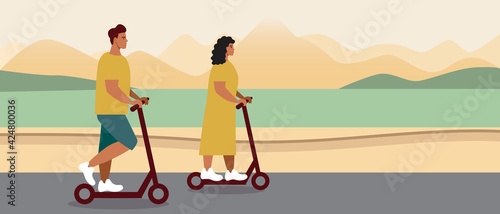 Couple on electric scooter, flat vector stock illustration with e-scooter for travel, man and woman driver