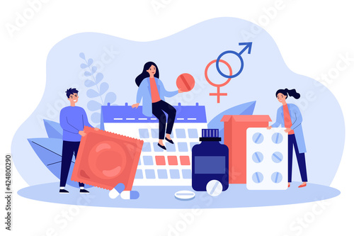 Female and male contraceptives and disease protection..Safety in sex and birth control concept. Condom, oral contraception, fertility flat vector colorful illustration