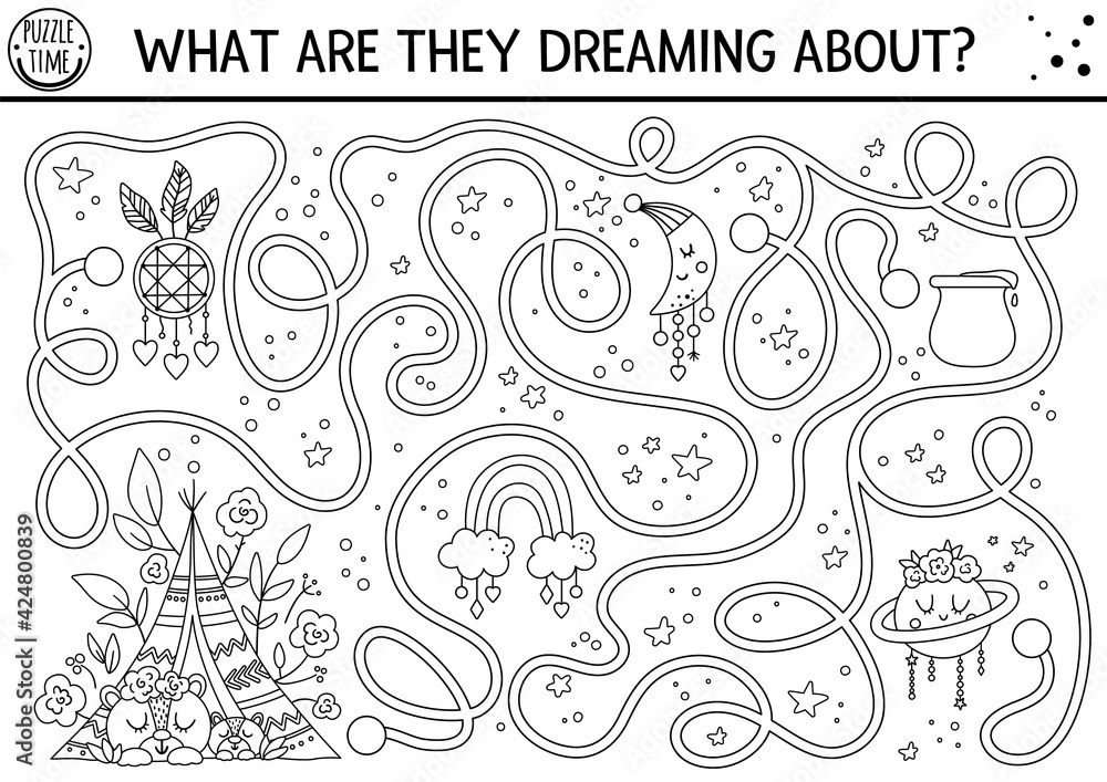 Mothers day black and white maze for children. Holiday preschool printable educational activity. Funny family love line game with sleeping bears. Mother and baby labyrinth or coloring page.