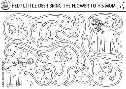 Mothers day black and white maze for children. Holiday preschool printable activity. Funny family love game with cute animals. Mother and baby labyrinth or coloring page with little deer and flower. .