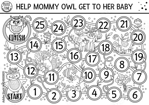 Mothers day black and white dice board game for children with cute animals. Holiday line boardgame with mother and baby owl, deer, fox. Family love activity. Printable worksheet or coloring page.