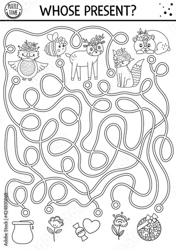 Mothers day black and white maze for children. Holiday preschool printable activity. Funny family love line game or puzzle with cute animals and gifts. Mother and baby labyrinth or coloring page.