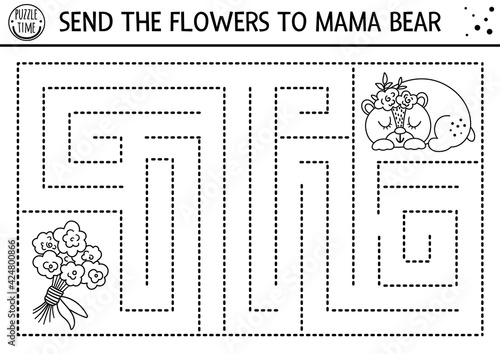 Mothers day black and white maze for children. Holiday preschool printable activity. Funny family love line game or coloring page with cute mama bear. Mother and baby or Valentine labyrinth. .