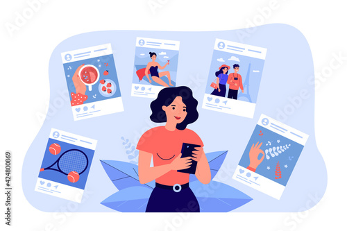Cartoon young woman sharing life moments at social networks. Vector flat illustration. Modern happy girl holding smartphone, making posts on Internet. Addiction, social networks, Internet concept
